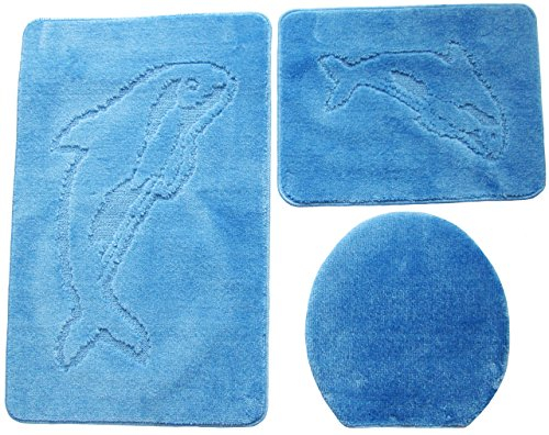 Ilkadim Delphin Badgarnitur 3 TLG. Set 55x85 cm einfarbig, WC Vorleger ohne Ausschnitt für Hänge-WC (hellblau)