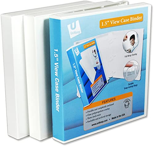 UniKeep 3 Ring View Binder - Binder Case is Fully Enclosed - Available in White, Clear, or Black and in Different Spine Sizes (Pack of 3, White, 1.5 Inch)