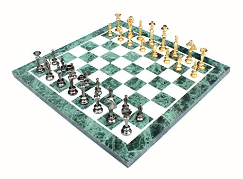 StonKraft Collectible Green Marble Chess Game Board Set + Brass Crafted Pieces - Decorative Stone Chess - Home Décor - 15 Inches