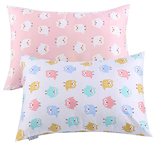 Uomny Kleinkind-Kissenbezüge, 2 Stück, passend für Kissen der Größe 33 x 45 cm oder 30 x 40 cm, Bezüge für Kinderbettwäsche, Babykissen, Pink/Weiß mit Eulenmotiv