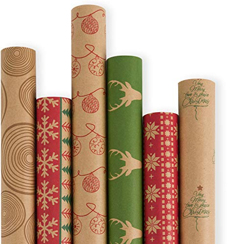 RUSPEPA Weihnachtspapierrolle - Braunes Kraftpapier Mit Rotem Und Grünem Muster - Christmas Elements Collection - 6 Rollen - 76cm X 305cm Pro Rolle