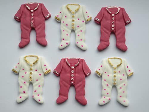 Fairy Dust Creations Edible Baby Grow Cupcake Cake Toppers - 6 Pack (3x White & 3x Pink) - Baby Girl Fondant Decorations - Baby Shower, Girl Birthday Party, Christening