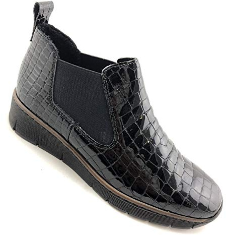 Rieker Eria Womens Leather Slip On Wedge Heel Chelsea Boots 6/39 Black Croc Patent