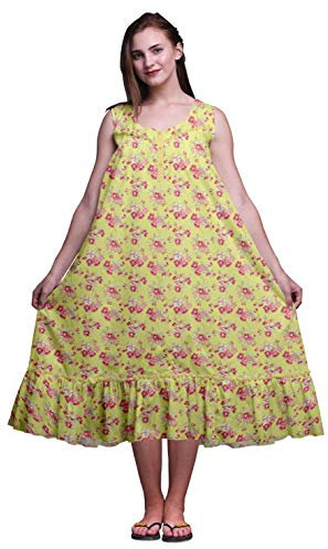 Bimba Medium Yellow Floral Leaves & Oleander Printed Cotton Nightgowns for Women Sleeveless Gown Sleepwear Maxi Dress Small