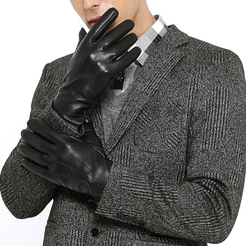 ZLUXURQ Soft Lambskin Leather Cold Weather Touchscreen Driving Gloves Cashmere Lined for Men in Black