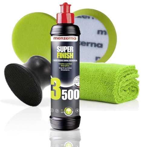 Detailmate Menzerna Handpolitur Set: Super Finish 3500, Hand-Polier-Applikator für 95mm Pads, Finish Pad 95mm Grün, Mikrofasertuch Randlos 550GSM, 40x40