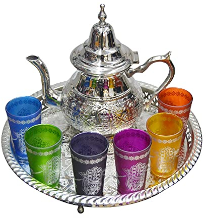 Horus Artesanía de Egipto Service à thé marocain complet à utiliser au quotidien Théière 750 ml Plateau 32 cm 6 Verres en cristal coloré