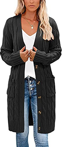 kinstell Women's Long Sleeve Button Top Chunky Aran Cable Knitted Long Length Boyfriend Grandad Cardigan Brown