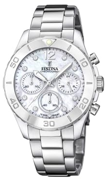Festina Orologio Donna Analogico Acciaio Inossidabile 316L Argento - Quarzo Cronografo - Vetro minerale alta resistenza - Impermeabile 10 ATM F20603/1 - Boyfriend Collection