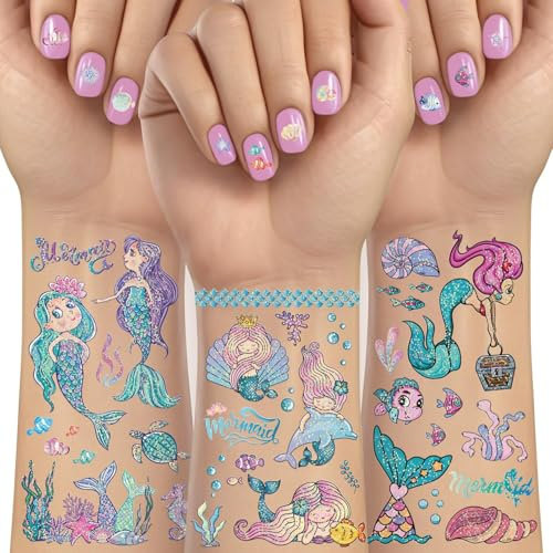 Meerjungfrau Tattoo Kinder, 10 Blätter Glitzer Tattoo Set Sticker | Klebetattoos Kinder Mädchen, Hautfreundlich, Meerjungfrauen Party Kindergeburtstag, Karneval Fasching