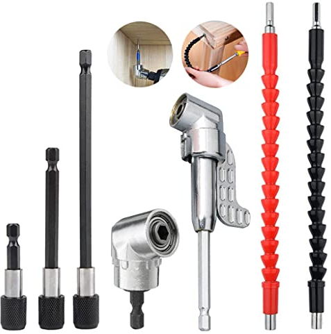 2 PCS Renvoi d'Angle Visseuse Coudée à Angle Droit 105 Degrés Tige Hexagonale 1/4 pour Perceuse + 2 PCS Angle Flexible Extension Bits + 3 PCS D'extension à Tige Hexagonale 1/4