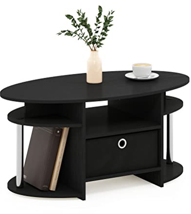 Furinno JAYA Coffee Table, Oval Modern Coffee Table with Shelves and Storage Bin, Side Table, for Living Room, Bedroom, Home Office, Americano/Stainless Steel