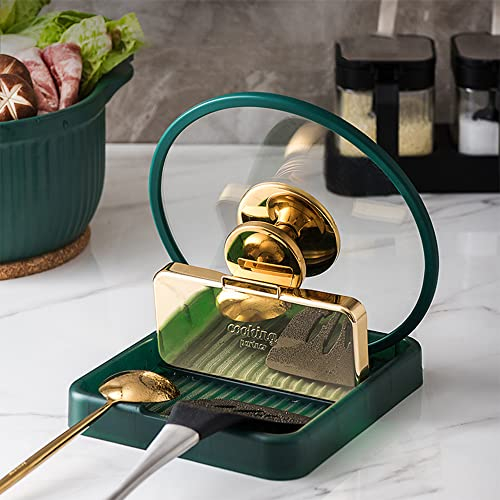 STARRY G Kitchen Utensil Rest with Drip Pad, Cooking Spoon Rest with Lid Holder, Heat-Resistant Pot Lid Stand Holder, Countertop Organiser Rack for Ladles, Tongs, Spatula, Simple Flatware Rack -Green