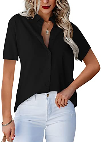 Homlan Damblus, v-ringad, långärmad, elegant, ledig, knappblus, arbetsblus, enfärgad, med bröstfickor, D-svart, L