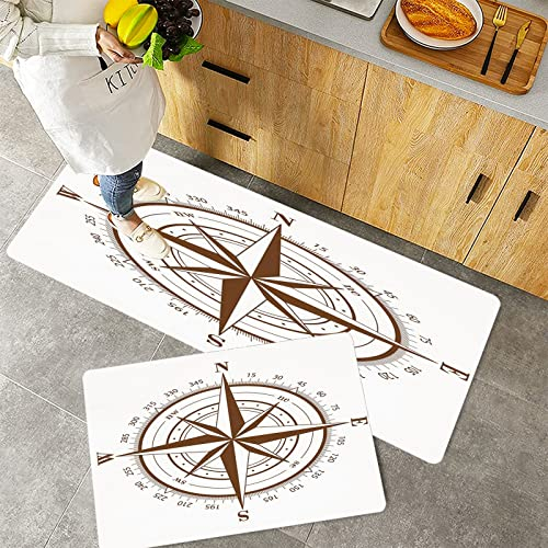 Küchenteppich Teppich Läufer Küchenläufer 2 Stück rutschfest,Kompass, Seamanship Brown Kompass mit Windrose und detaillierten Winkeln Richtungen auf de, Waschbar für Flur Küche 40 x 100 cm+40 x 60 cm