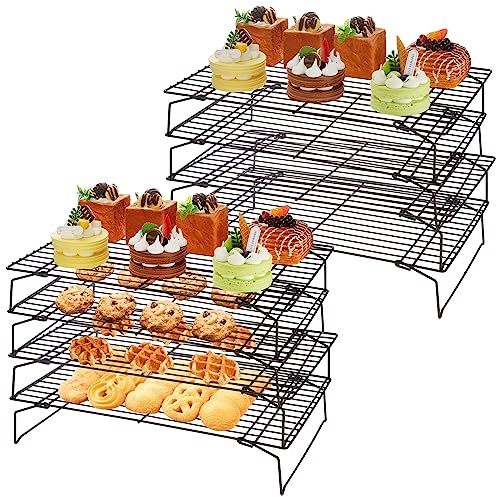 meekoo 2 Pack 4 Tier Cooling Rack with Folding Leg Collapsible Stackable Stainless Steel Wire Rack for Cooking Baking Cooling Drying Roasting Cookie Cake Pizza Cake Bread, Oven Safe, 16 x 10 Inch