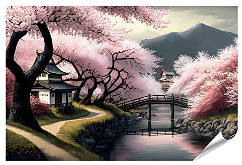 islandburner IYEH-PGR Poster XXL en fleurs Sakura Japon rivière montagnes printemps vue pittoresque fleur de cerisier pagode photos de qualité supérieure