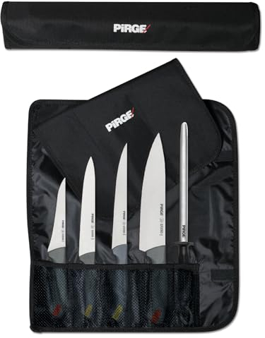 Pirge Gastro Profi Messerset mit Tasche 6 Stück - Griff mit Farbeinsatz - Profi Kochmesser Set - Edelstahl Profi Küchenmesser Set - Messer Set Scharf