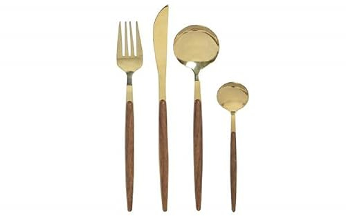 BIBIHOME - Set da 16 posate dorate con manico in legno di Item International in acciaio inox