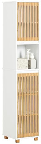 SoBuy Badezimmerschrank schmaler Hochschrank mit Bambustüren 33x165x33 cm | Feuchtigkeitsresistenter Badschrank, platzsparend Badmöbel 30cm breit aus Holz Weiß-Natur BZR127-W