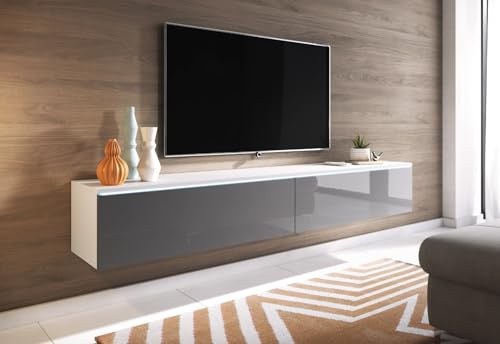 MINIO go for it - Meuble TV Donna, Largeur 180 cm, Lowboard TV, Debout ou Suspendu, Meuble Salon, Panneaux de Particules stratifiés, Style Moderne, Blanc Mat/Gris Haute Brillance - sans Éclairage LED