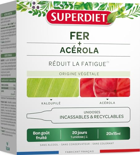 SUPERDIET - FER ACÉROLA ORIGINE VÉGÉTALE - Goût fruité - Réduit la fatigue - Fabrication française - 20 unidoses format nomade