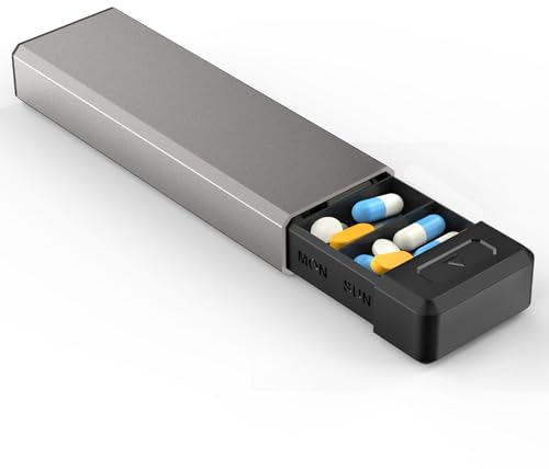 HEIYING Tablettenbox 7 Tage Reise Aluminiumlegierung Pillendose,Tragbare 7 Fächer wöchentlich Metall Medikamentenbox zu halten Vitamin, Medizin, Ergänzungen.