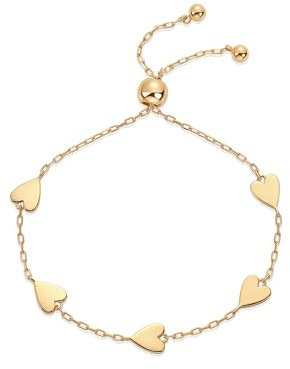 PAVOI 14K Yellow Gold Plated Dainty Station Heart Charm Bracelet for Women | Valentines Day Love Friendship Adjustable Link Chain Bracelet