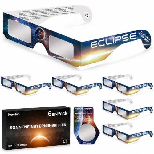 Keyaluo Gafas Eclipse Solar Homologadas,Paquete de 6,Certificado EN ISO 12312-2:2015(E) y CE,Aprobación AAS 2026,Gafas eclipse solar para visión directa del sol