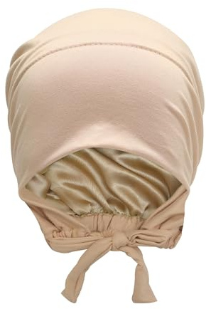ZLYC Bonnet Hijab doublé de Satin pour Femme avec nœud dans Le Dos, Rose crème uni, Taille Unique