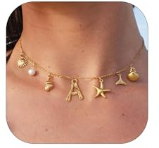 Halora Kette Mit Buchstaben Gold Initial Halsketten, Gold Bubble Letter A Charm Anhänger Halsketten für Frauen Boho Muschelkette Muschel Kette Sommer Seashell Beach Schmuck Damen