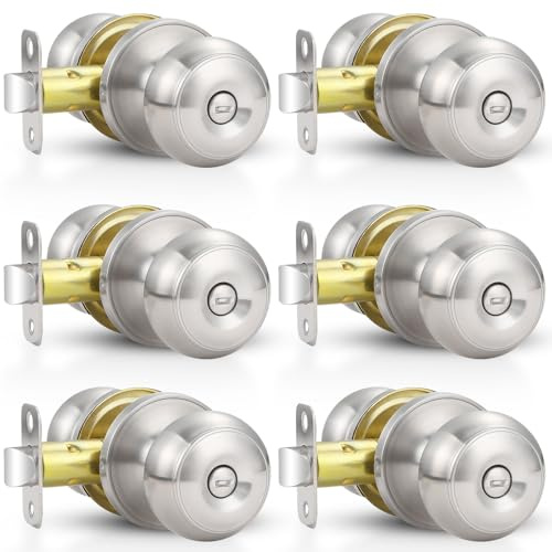 Estmoon 6 Pack Brushed Nickel Door Knobs, Privacy Door Lock Silver Keyless Door Handle with Lock for Bathroom Bedroom, Keyless Door Hardware