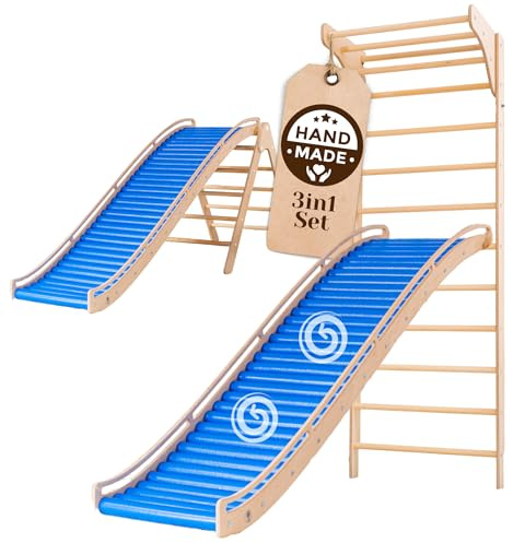 WoodsCraft 3in1 Wellenrutsche mit Kletterdreieck & Sprossenwand für Kinderzimmer | Rutsche Outdoor & Indoor | Kinderrutsche-Rollenrutsche: viele Sinneserfahrungen | Kinder, Baby Rutsche für den Garten