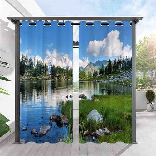 ANHOPE Natur Wald See Berg Outdoor Vorhänge mit Ösen Oben Wasserdicht Wetterfest Aussen Gardinen für Balkon Terrasse Garten Pergola Pavillon Außen Vorhang 2er Set H240 x B132 cm
