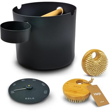 KOLO Sauna Set Kiulu 1 - Kübel 5 l - Aufgusskelle 300 ml - Thermometer - Bürste - Schwarzes Aluminium - Bambusgriff - Langlebiges Komplett-Set für Aufgüsse und authentische finnische Saunakultur