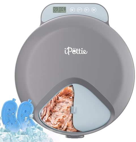 iPettie Zharko Automatischer Futterautomat Katze Nassfutter – echtes 4-Meal-Design mit Deckel, Smart-Timer, 2 Kühlpacks, leicht zu reinigen & tragbar