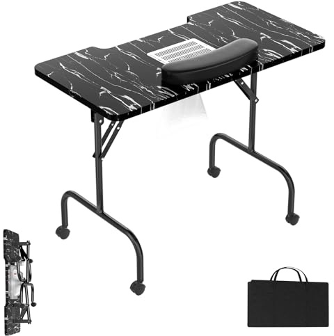 Froadp 90 x 40 x 72 cm Maniküretisch mit Absaugung Klappbarer Nageltisch Beweglich Studiotisch mit Rollen Handkissen Schublade und Aufbewahrungstasche Maniküre Tisch für Nagelstudio, Schwarze Maserung