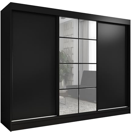 A&J MöbelLand Schwebetürenschrank ORAVELLE Kleiderschrank 3-türig mit Schubladen und Spiegel Garderobenschrank 200 cm (Schwarz)