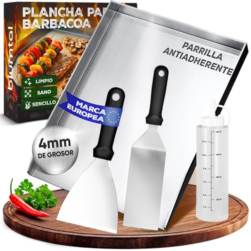 Blumtal Set Plancha Grillplatte Edelstahl inkl. 2 Grillspachteln & Ölflasche - 30x40 cm Plancha Grill Set für perfekte Röstaromen - Grillmatte Gasgrill geeignet - Edelstahl Platte rostfrei & robust