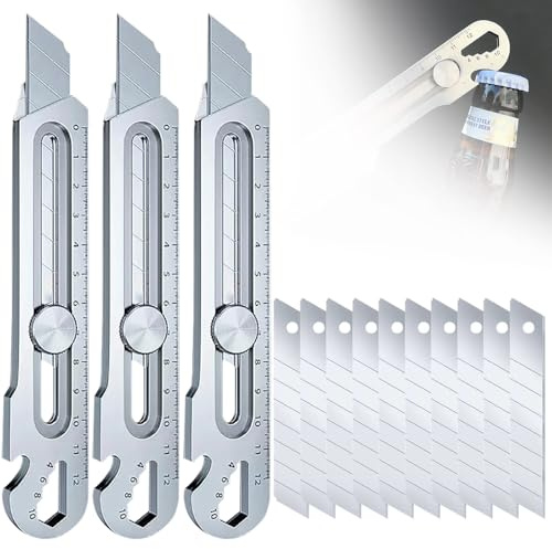 Profi Cuttermesser Set, 2025 Neu Edelstahl Universalmesser mit Extra 10 Pcs 18mm Abbrechklinge, Multifunktionales Mehrzweck Robuste Teppichmesser Druckguss Cutter Messer (3 Stück)