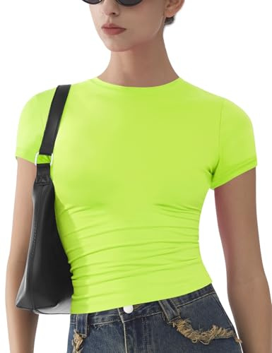 Womens Basic Short Sleeve Slim Fit T Shirts Soft Crewneck Crop Y2k Tees Summer Stretchy Cute Tops Neon Green M