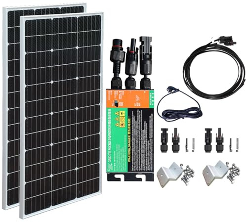 Balkonkraftwerk 300 Watt Komplettset Steckdose Plug & Play, 210W Solarpanel mit 230V 300W Wechselrichter, Solaranlage Balkon Komplett Photovoltaik, 18V Solarmodul 2 x105W