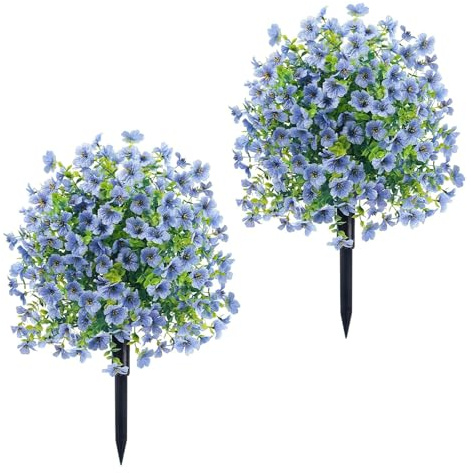 JOPWUE 2PCS Artificial Flower Topiary Ball with Ground Spike, Fade Resistant Fake Plant 23in, Decorative Shrubs for Wedding Porch Outdoor Indoor Room Garden Porch Decor (Blue)