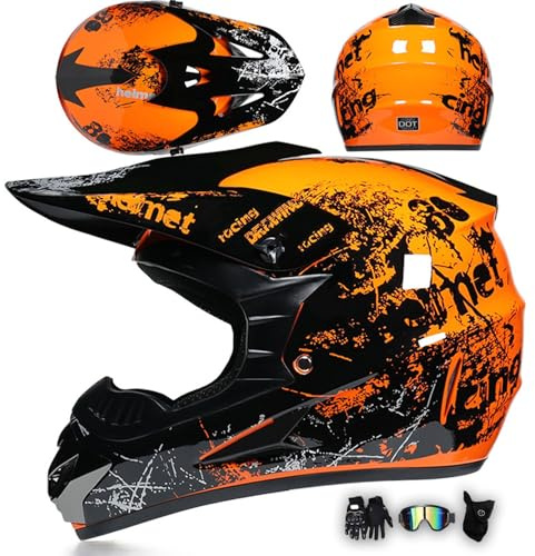 MODRYER Casco De Motocross ATV para Hombre Adulto Casco De Motocicleta ECE Casco Moto Integral para Todoterreno Moto De Nieve Superbike MX Enduro Quad, con Guantes Gafas Máscara,Orange-S/52~53cm