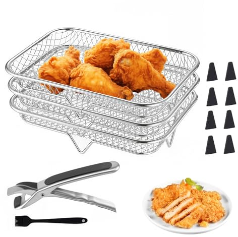 3 Layer Air Fryer Rack, Air Fryer Basket, Stainless Steel Stackable Airfryer Accessories with 8 Silicone Feet & 1 Clip & 1 Black Brush, Ideal for Double Basket Oven