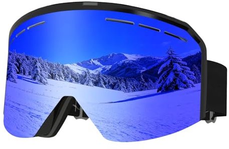 MXJ Gear Gafas de Esquí,YH359 Gafas Esqui Snowboard Nieve para Adultos Hombre Mujer OTG,Ajustable Anti Niebla Protección UV Gafas de Ventisca (Montura negra - Lentes azules VLT 19%)