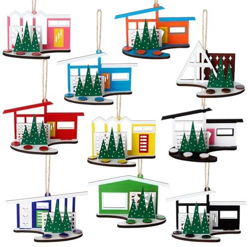 Thyle 10 Pcs Mid Century Modern House Ornaments Wooden House Hanging Ornaments Rustic Putz Style Hanging Decorations with Rope 4.5 x 2.5 in for Holiday Easter Home Tabletop Mantel
