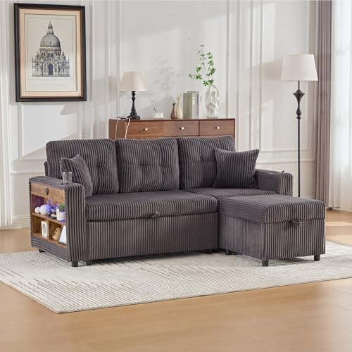 A ALFRESCOOL Sofa l Form mit Schlaffunktion, Cord-Schlafcouch mit Stauraum und Ausziehbett, Inkl. USB-C, Ambientebeleuchtung, Getränkehaltern & Armlehnen für Wohnzimmer, Schlafzimmer(Dunkelgrau)