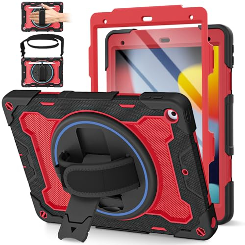 ROSROME for iPad 9th/8th/7th Generation Case 10.2 Inch, Shockproof Case | with Screen Protector, Rotating Stand/Hand Strap/Shoulder Strap/Pencil Holder,Ligth Red