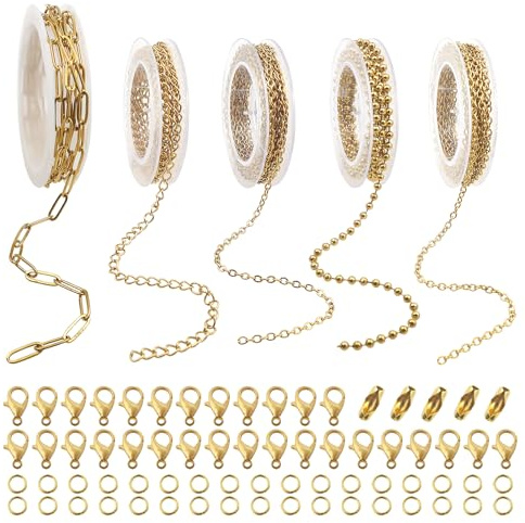 TOAOB 7m 5 Rollos Cadenas Hacer Joyas de Acero Inoxidable Cadena de Eslabones Dorada con Anillos de Salto y Mosquetón Cierres de Cadena de Bolas para Accesorios DIY Hacer Joyas | Para hacer joyas y manualidades, extensiones, pulseras, llaveros